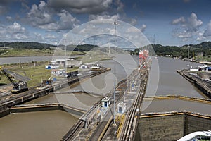 Island Princess in the low water of the Miraflores Locks Panama Canal