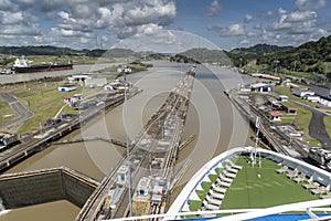 Island Princess as the lock gates open in the Miraflores Locks Panama Canal