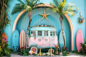 Ocean tropical themed background of a vintage van,palm trees, surf boards and sea shells