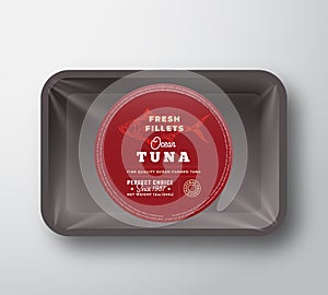 Ocean Tuna Fillets. Abstract Vector Fish Plastic Tray with Cellophane Cover Packaging Design Round Label or Sticker