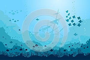 Ocean Underwater Background with Fishes and sunken ship, Sea plants and Reefs. Vector