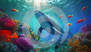 Ocean underwater scene with a whale diving among different colorful fish and coral reef