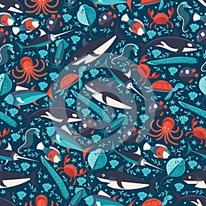 Ocean underwater world seamless pattern, vector illustration. Isolated sea fish creatures flat style, shark, flatfish