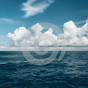Ocean view with blue water surface, sunny and cloudy sky