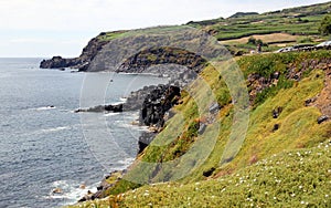 Ocean view from the cliff, volcanic rocks below, Cinco Ribeiras, Terceira, Azores, Portugal photo