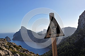 Ocean view and danger sign in Mallorca, Illes Balears, Majorca
