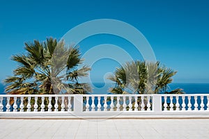 Ocean view terrace with blue sky and palm tree background