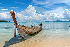 An ocean view of traditional long tail wooden boat on tropical seascape beach