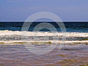 Ocean View Of The Waves Coming In Over The Beach Shoreline