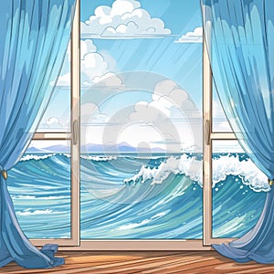 Ocean view from the window with blue curtains. Vector cartoon illustration.