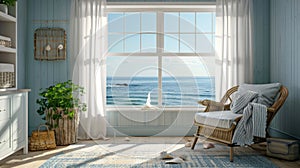 Ocean view through a window with sunlight streaming across an empty living room.