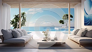 Ocean villa poster sticker, sky-blue and whitewood, calm and serene beauty