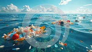 Ocean water surface plastic waste. Plastic pollution problem in marine environment. Ecological disaster. Garbage, rubbish