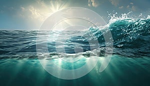 Ocean wave: AI-generated shot captures close-up of a beautiful sea waves, with sparkling sea water and bright sunny sky in the