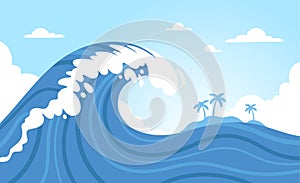 Ocean wave background. Abstract storm sea waves near island. Tropical surf, oceanic water and sky on poster. Decorative