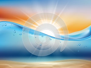 Ocean wave background with sun. Water landscape with sunrise or sunset and underwater life liquid surface splashes drops