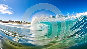 Ocean wave with blue sky and palm tree on the sand beach.