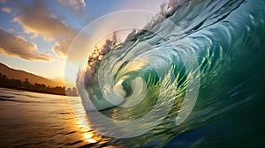 ocean wave close-up against sunset background