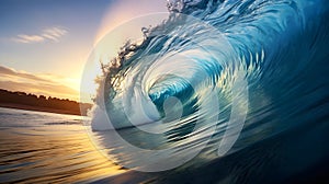 ocean wave close-up against sunset background