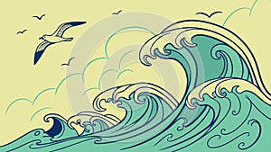 Ocean wave curl, surfing and sea illustration, water sport vector design Generative AI photo