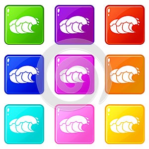 Ocean wave with foam icons set 9 color collection