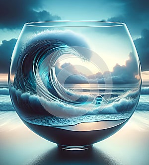 Ocean wave in a glass with the ocean in the background