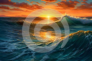 Ocean Wave. Sea water in crest shape. Sunset light and beautiful clouds on background. Neural network AI generated