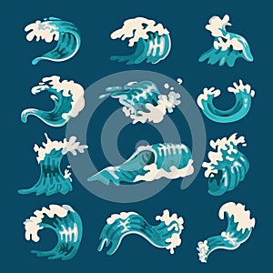 Ocean wave set, splash and marine elements