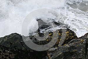 Ocean wave splashing on rock