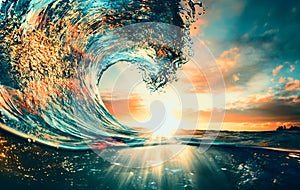 Sunset ocean surfing wave lip against sunlight photo