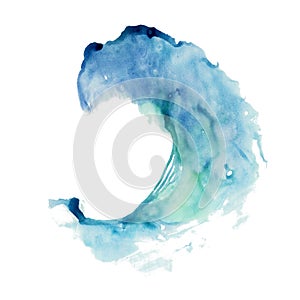 Ocean wave watercolor splashes in blue green colors. Abstract texture background illustration for summer surfing designs