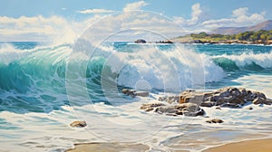 Ocean Waves Breaking Over Rocks: Australian Landscape Painting