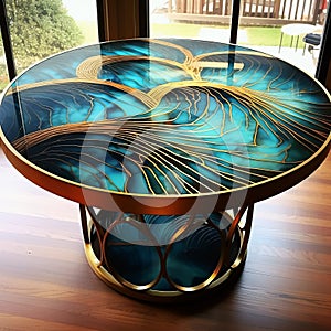 Ocean Waves Coffee Table With Gold And Blue Painted Wings