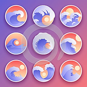 Ocean waves collection. Sea storm color waves. Waves, water elements set. Nature wave water storm badges