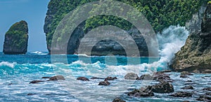 Ocean Waves hitiing Rocks on Tembeling Coastline at Nusa Penida island, Bali Indonesia