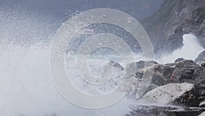 Ocean waves hitting against the rocks on a stormy day