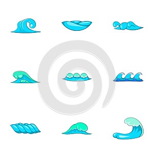 Ocean waves icons set, cartoon style