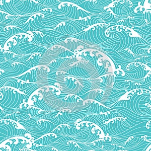 Ocean waves, pattern seamless background hand drawn Asian style