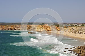 Ocean waves on Praia Do Tonel beach. View from Sagres fortress,