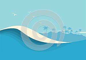 Ocean waves seascape. Vector blue background with sea wave and sky