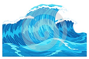 Ocean waves, splash water, marine sea storm element. Blue sea or ocean wave with spray, foam on crest. Vector