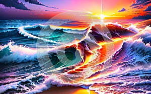Ocean waves at sunset sythwave colors neons for digital backgrounds, wall art generative AI