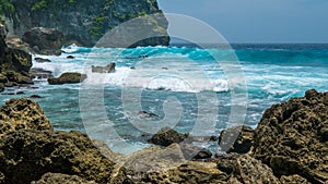 Ocean Waves on Tembeling Coastline at Nusa Penida island, Bali Indonesia