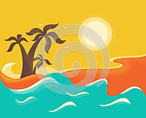 Ocean waves and tropical island with palms.Vector background