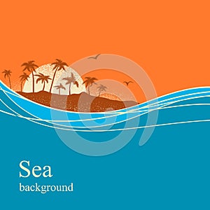Ocean waves and tropical island.Vector background