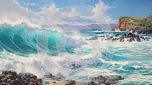 Ocean Waves Wall Painting In The Style Of Clyde Caldwell