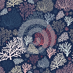 Ocean world seamless pattern with corals and shells