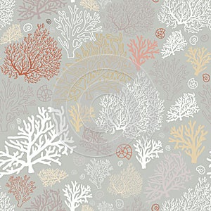 Ocean world seamless pattern with corals and shells