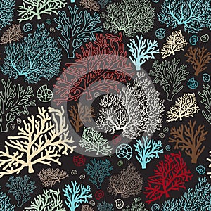 Ocean world seamless pattern with corals and shells