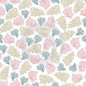 Ocean world seamless pattern with corals and shells
